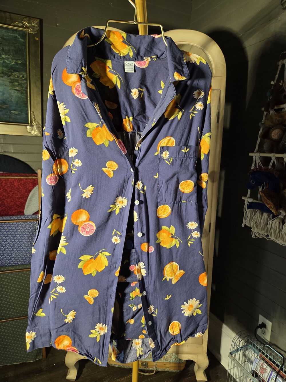 Old Navy Navy Pajama Top with Orange & White Citrus Print W/ Matching Panties